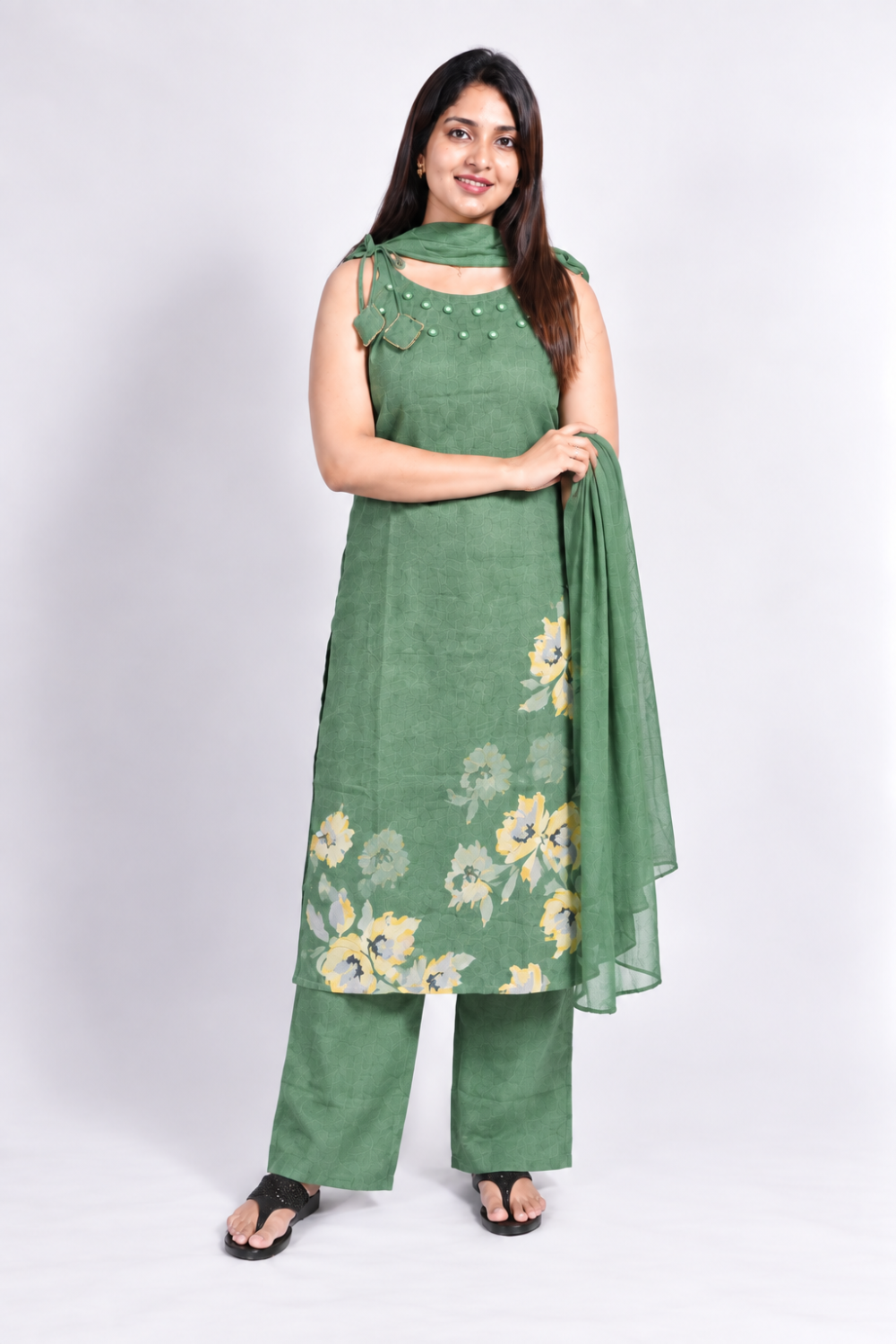 Stunning Olive Green Mirror work Floral Print Indo-Western set with Dupatta